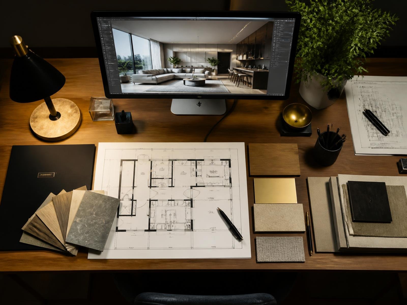 Vibrant Design Studio desk with floor plans, 3D renders and material samples