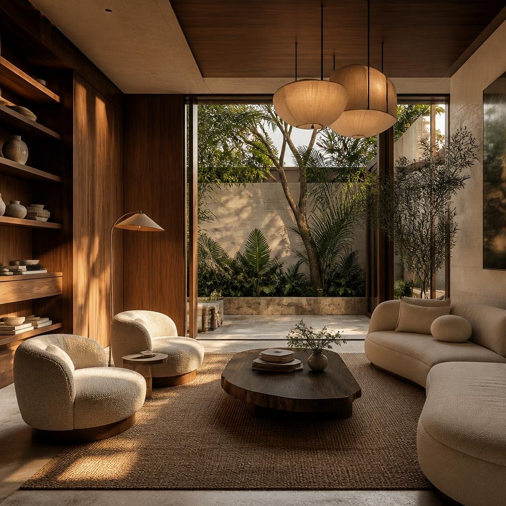 Modern home interior with warm wood, limestone and soft lighting