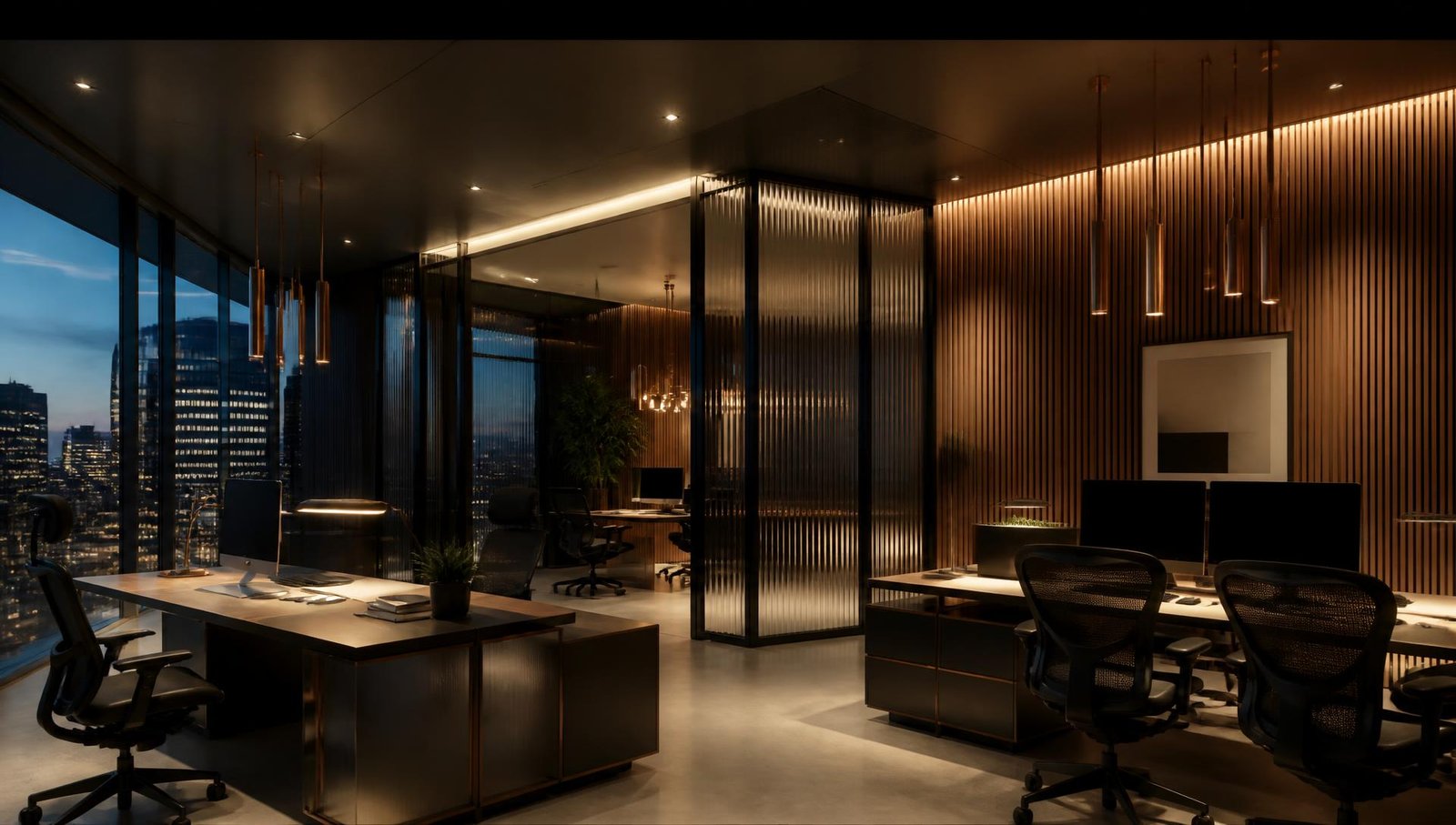 Luxury corporate office interior with walnut slat walls, fluted glass partitions and city views at dusk